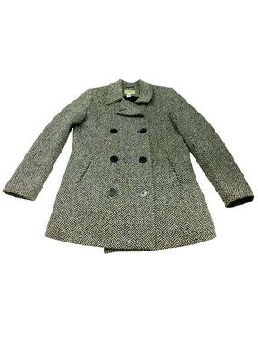 L.L. Bean Womens Double-Breasted Wool-Blend Herringbone Coat Size 10 Black/White